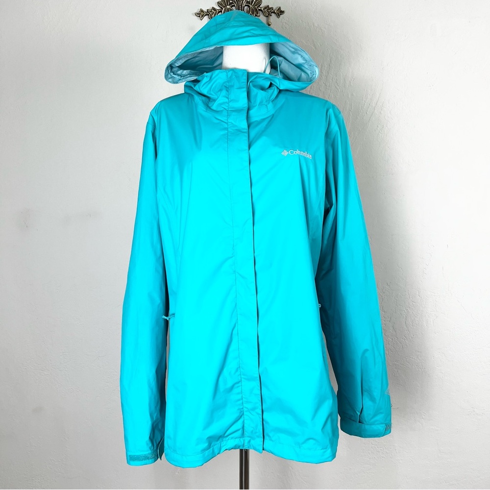 Columbia Jacket Arcadia II Rain Hooded Aqua Blue Full Zip Packable Size XL